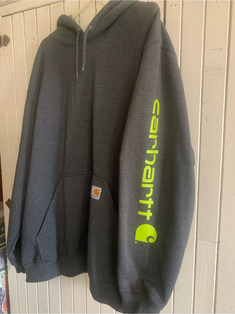 Carhartt Men's Hooded Sweatshirt - Dark Gray with Neon Logo 2XL Like new